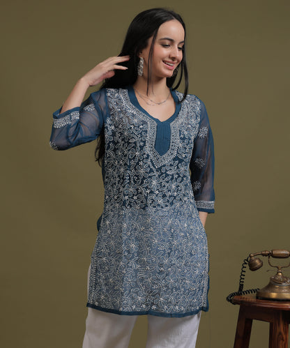 NEA Chikankari Teal Blue Georgette Short Kurti With White Embroidery