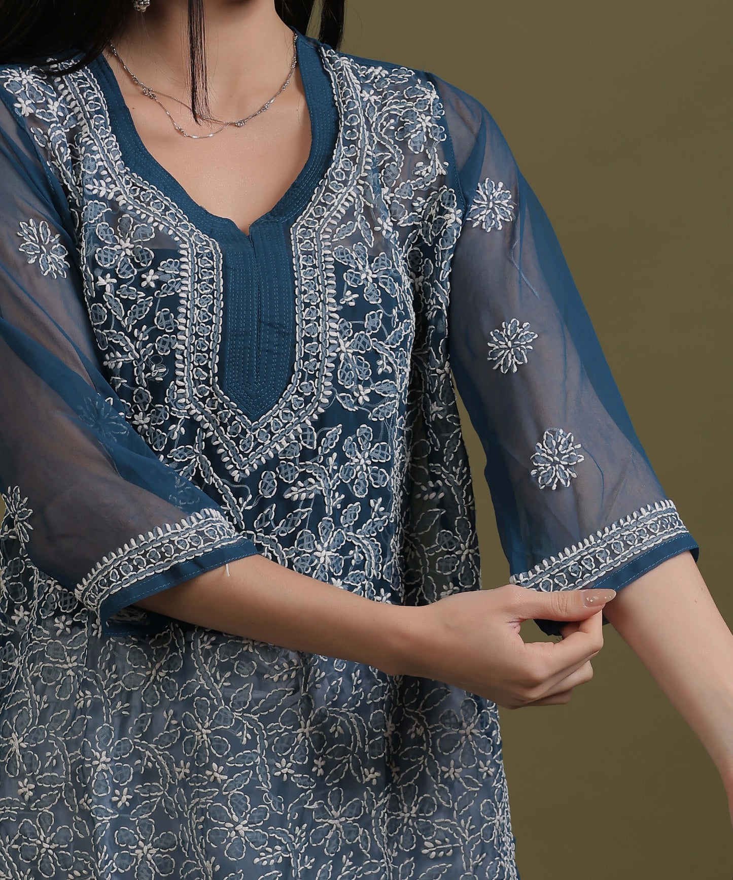 NEA Chikankari Teal Blue Georgette Short Kurti With White Embroidery
