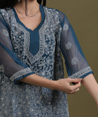 NEA Chikankari Teal Blue Georgette Short Kurti With White Embroidery