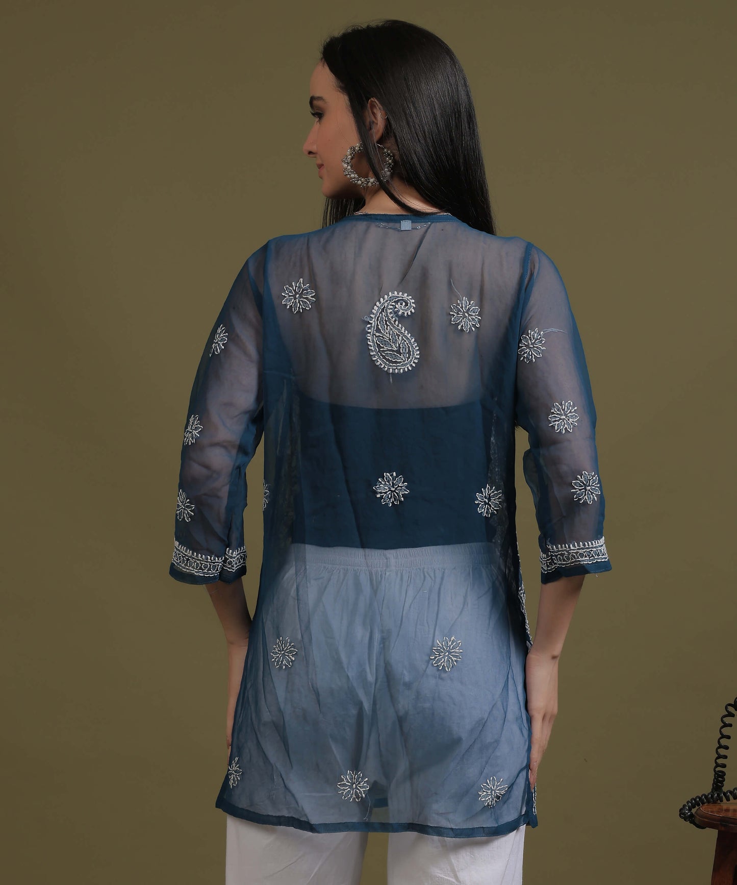 NEA Chikankari Teal Blue Georgette Short Kurti With White Embroidery
