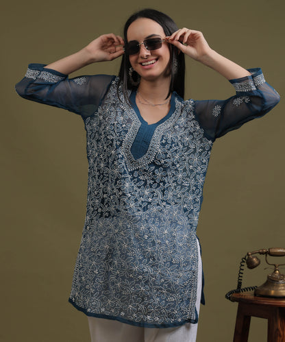 NEA Chikankari Teal Blue Georgette Short Kurti With White Embroidery