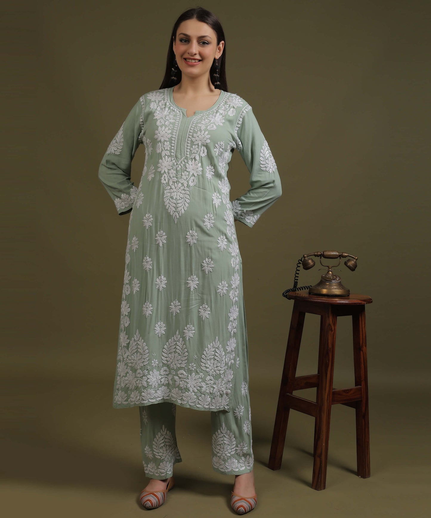NEA Chikankari Handcrafted Rayon Palazzo Set - Ice Green