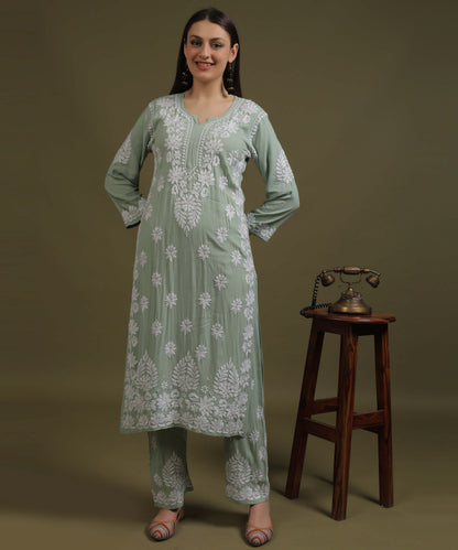NEA Chikankari Handcrafted Rayon Palazzo Set - Ice Green