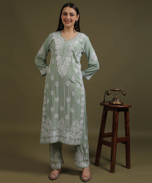 NEA Chikankari Handcrafted Rayon Palazzo Set - Ice Green