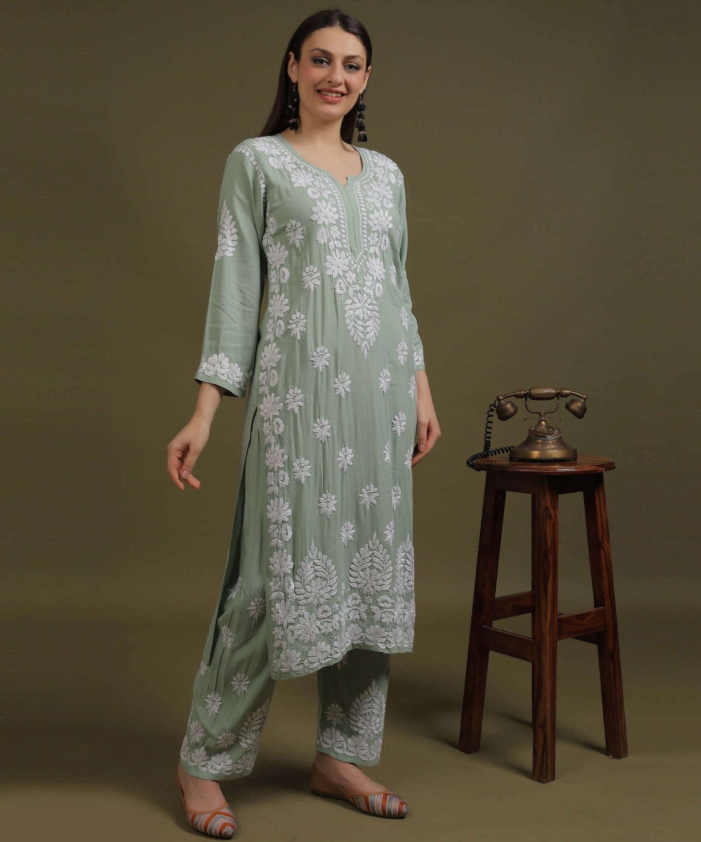 NEA Chikankari Handcrafted Rayon Palazzo Set - Ice Green