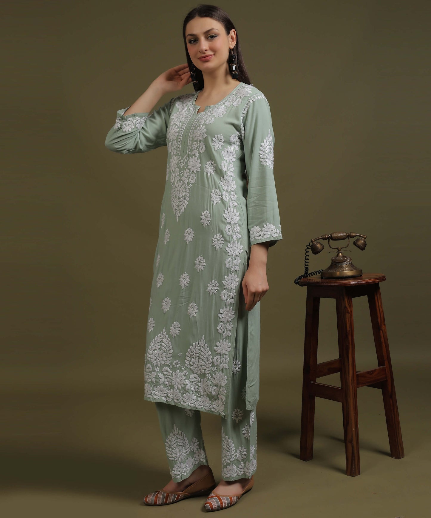 NEA Chikankari Handcrafted Rayon Palazzo Set - Ice Green