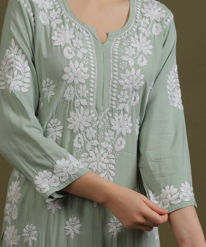 NEA Chikankari Handcrafted Rayon Palazzo Set - Ice Green