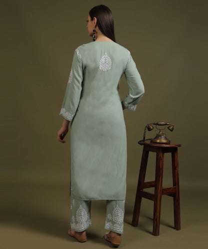 NEA Chikankari Handcrafted Rayon Palazzo Set - Ice Green