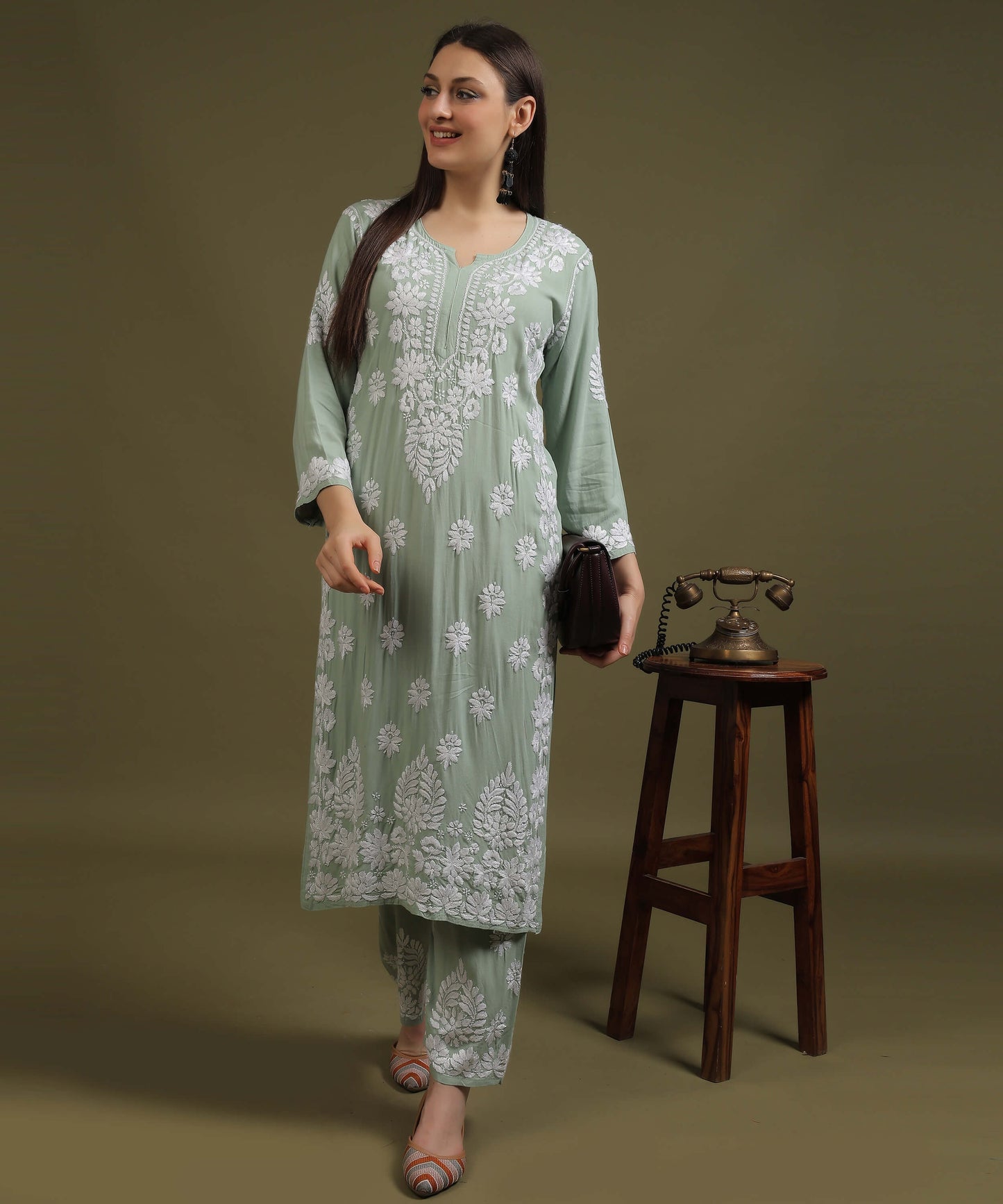 NEA Chikankari Handcrafted Rayon Palazzo Set - Ice Green