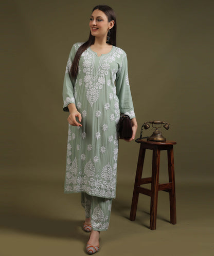 NEA Chikankari Handcrafted Rayon Palazzo Set - Ice Green