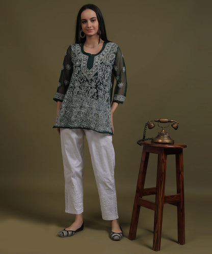NEA Chikankari Black Georgette Short Kurti With White Embroidery