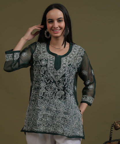 NEA Chikankari Black Georgette Short Kurti With White Embroidery