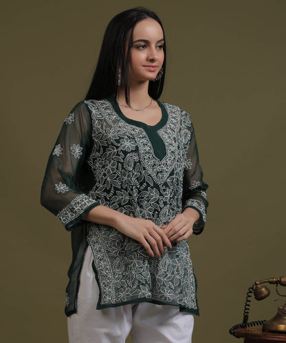 NEA Chikankari Black Georgette Short Kurti With White Embroidery