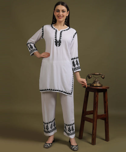 NEA Chikankari White Rayon Dua Co-ord Set With Black Embroidery