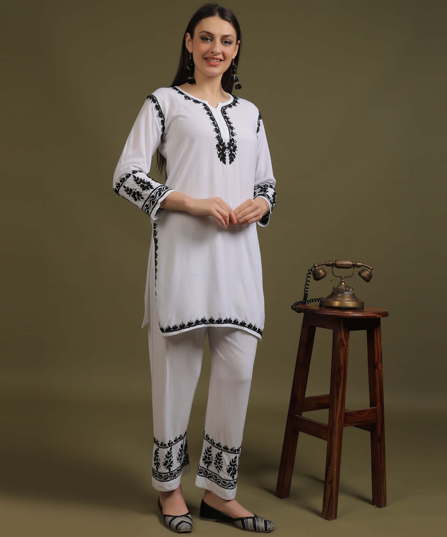 NEA Chikankari White Rayon Dua Co-ord Set With Black Embroidery