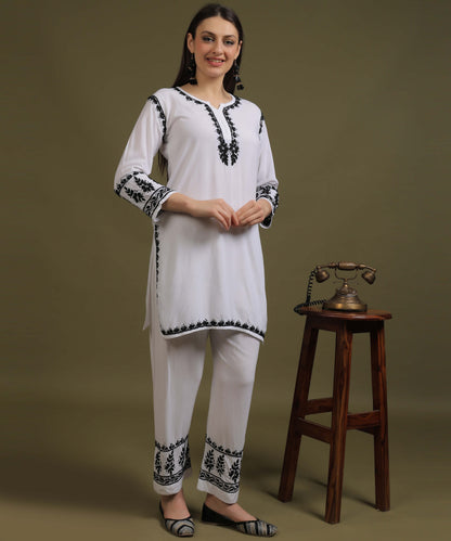 NEA Chikankari White Rayon Dua Co-ord Set With Black Embroidery