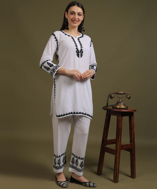 NEA Chikankari White Rayon Dua Co-ord Set With Black Embroidery