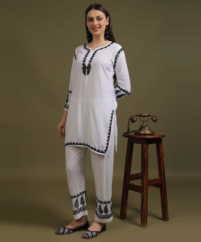 NEA Chikankari White Rayon Dua Co-ord Set With Black Embroidery