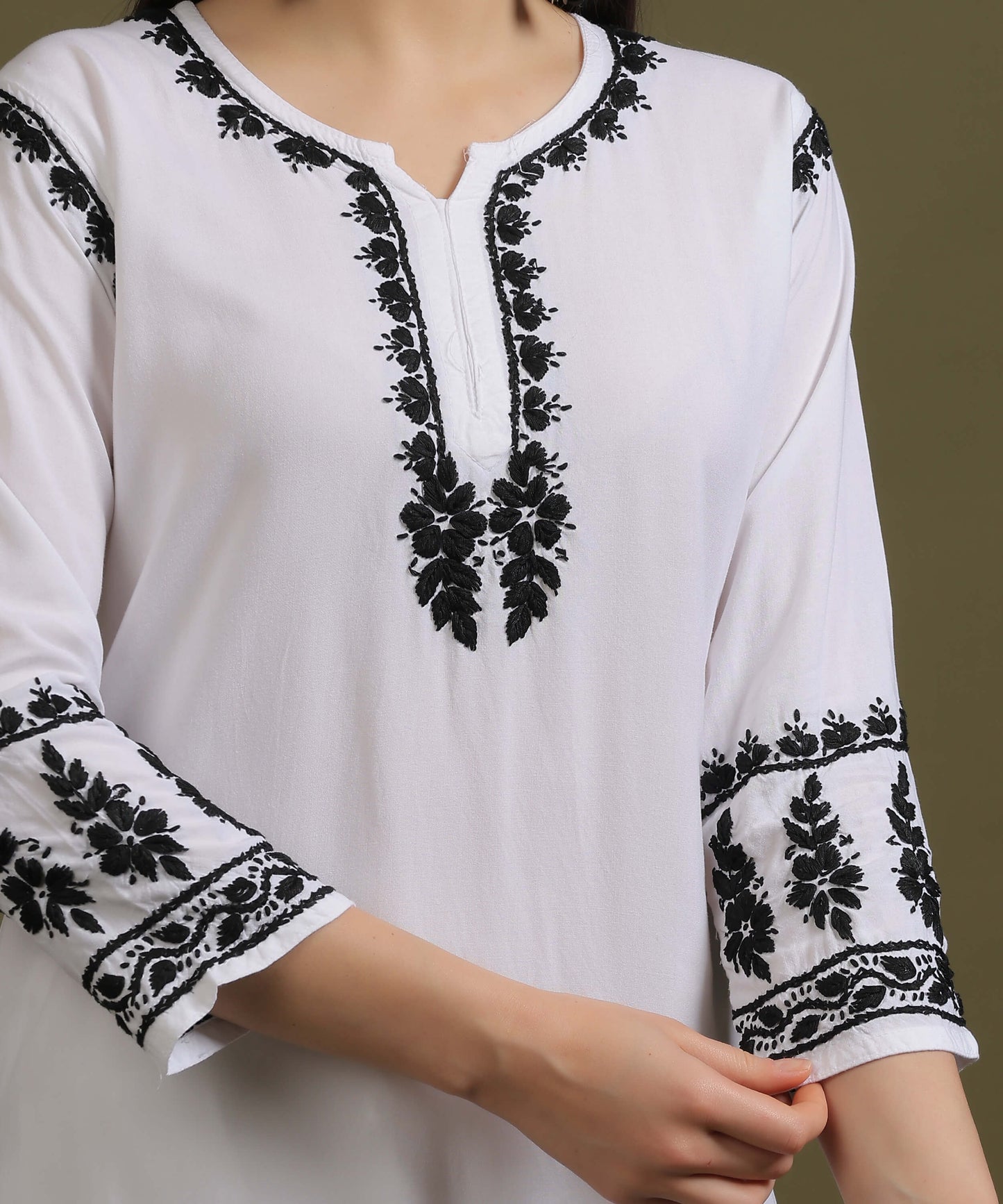NEA Chikankari White Rayon Dua Co-ord Set With Black Embroidery