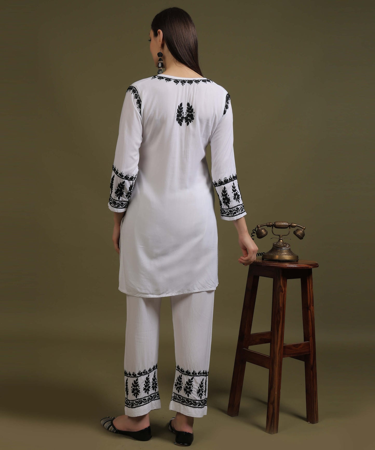 NEA Chikankari White Rayon Dua Co-ord Set With Black Embroidery