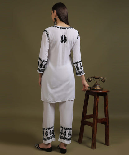 NEA Chikankari White Rayon Dua Co-ord Set With Black Embroidery