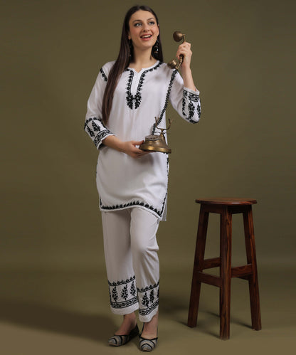 NEA Chikankari White Rayon Dua Co-ord Set With Black Embroidery