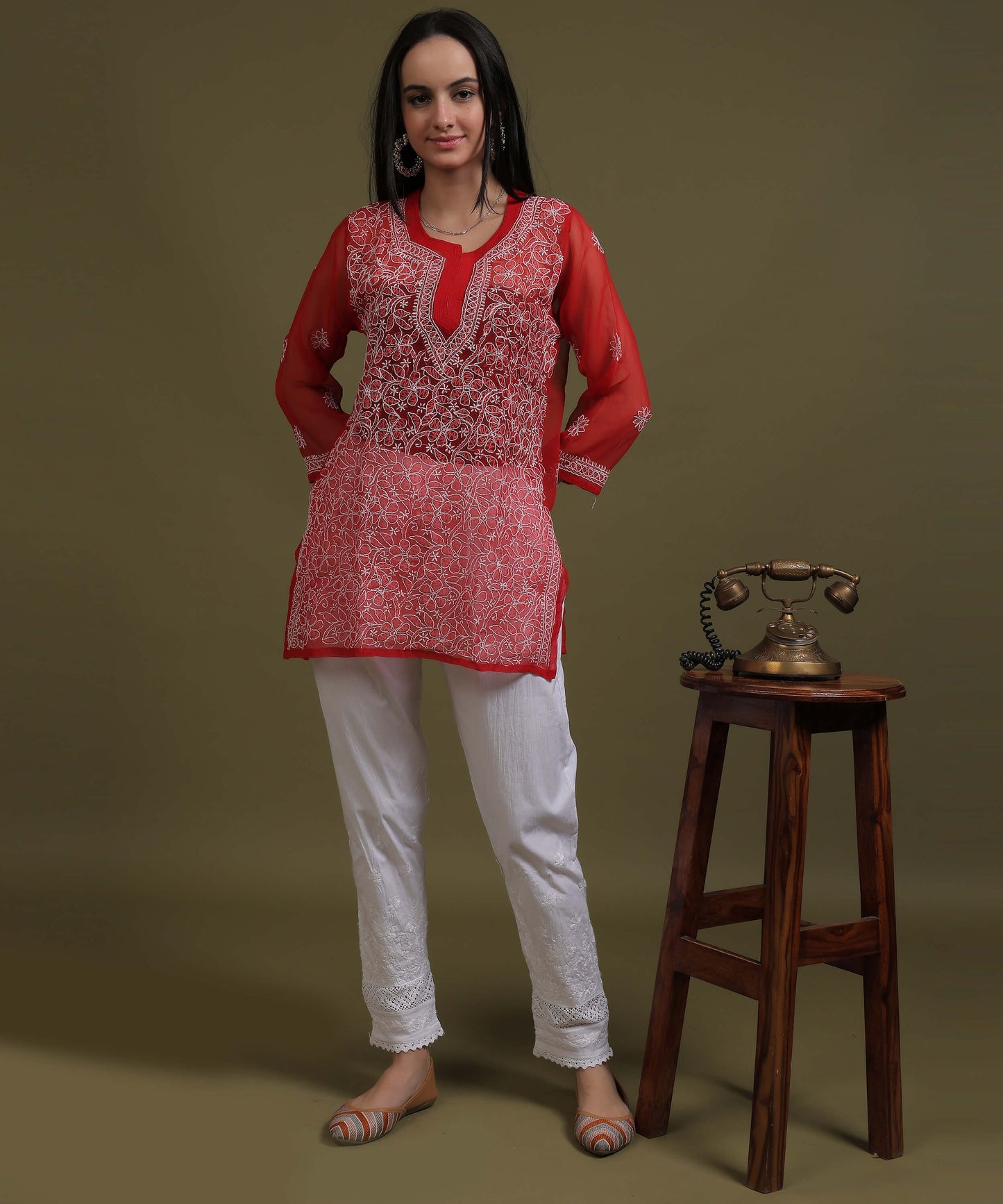 NEA Chikankari Red Georgette Short Kurti With White Embroidery