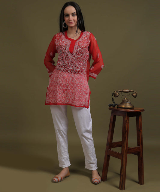 NEA Chikankari Red Georgette Short Kurti With White Embroidery