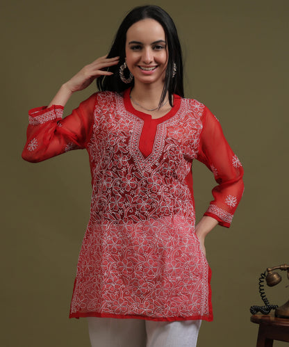 NEA Chikankari Red Georgette Short Kurti With White Embroidery