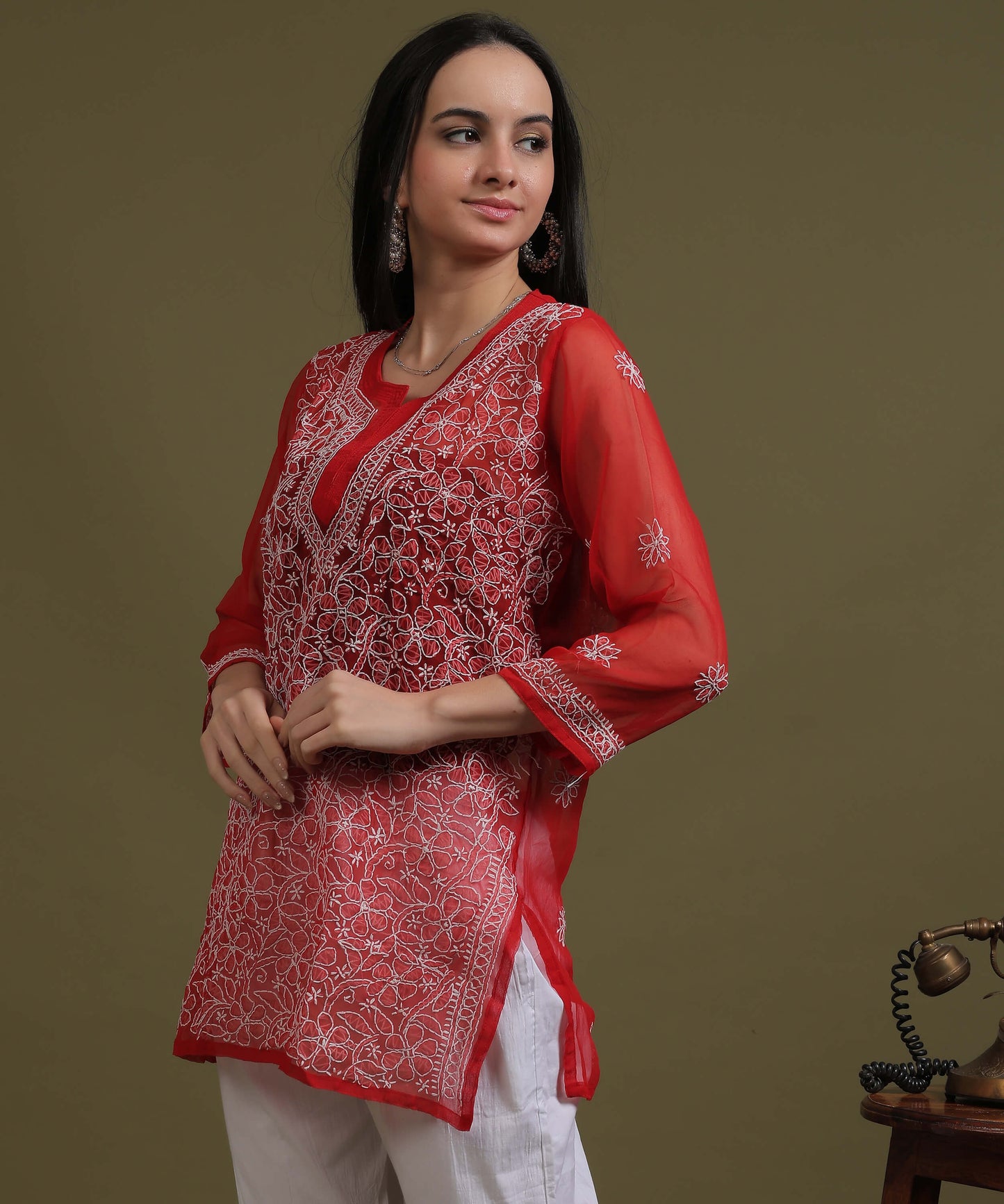 NEA Chikankari Red Georgette Short Kurti With White Embroidery
