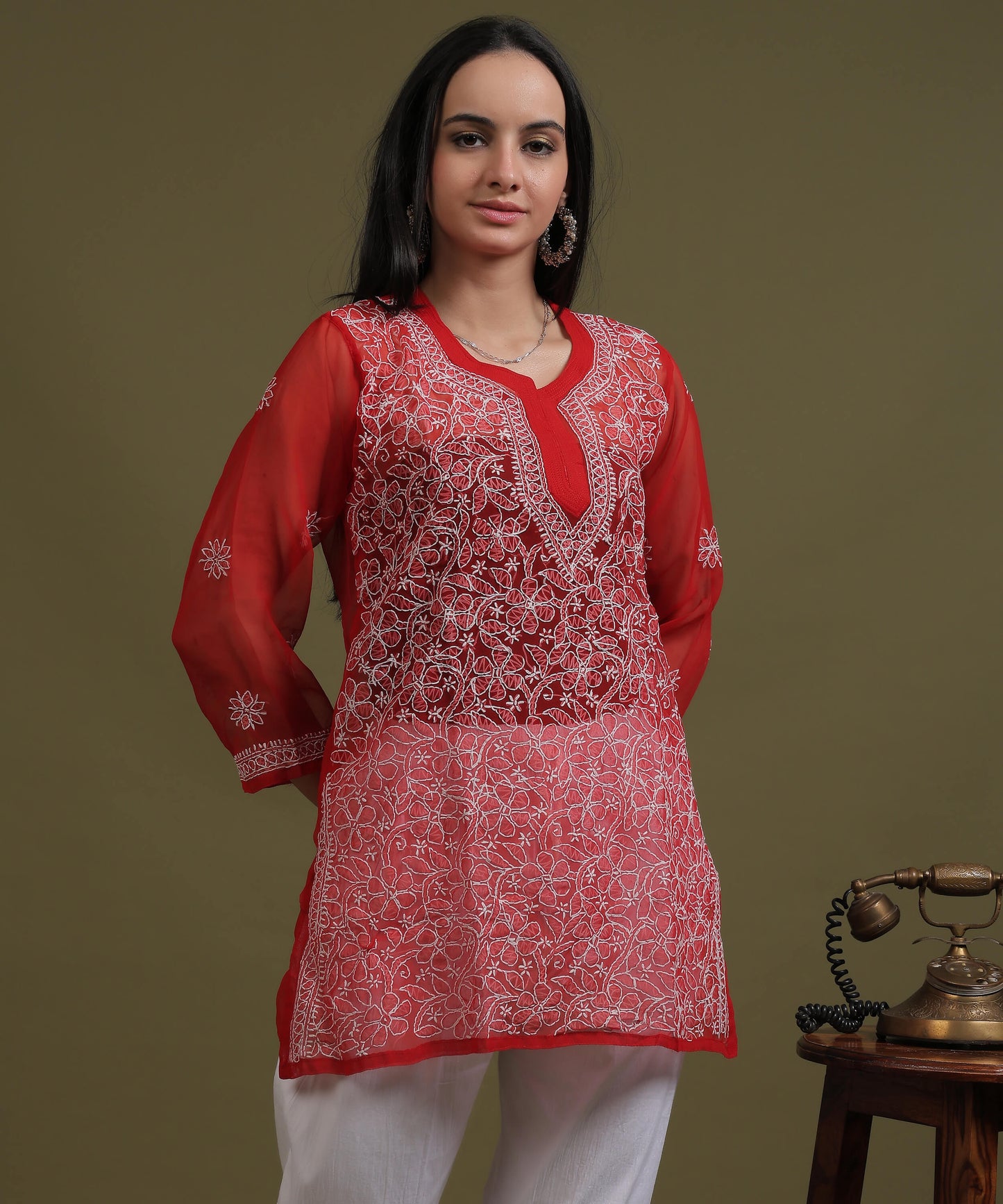NEA Chikankari Red Georgette Short Kurti With White Embroidery