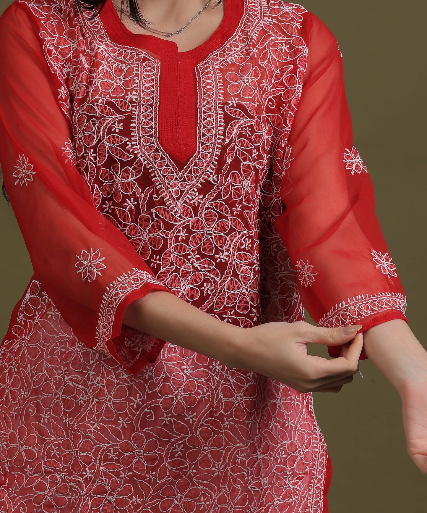 NEA Chikankari Red Georgette Short Kurti With White Embroidery