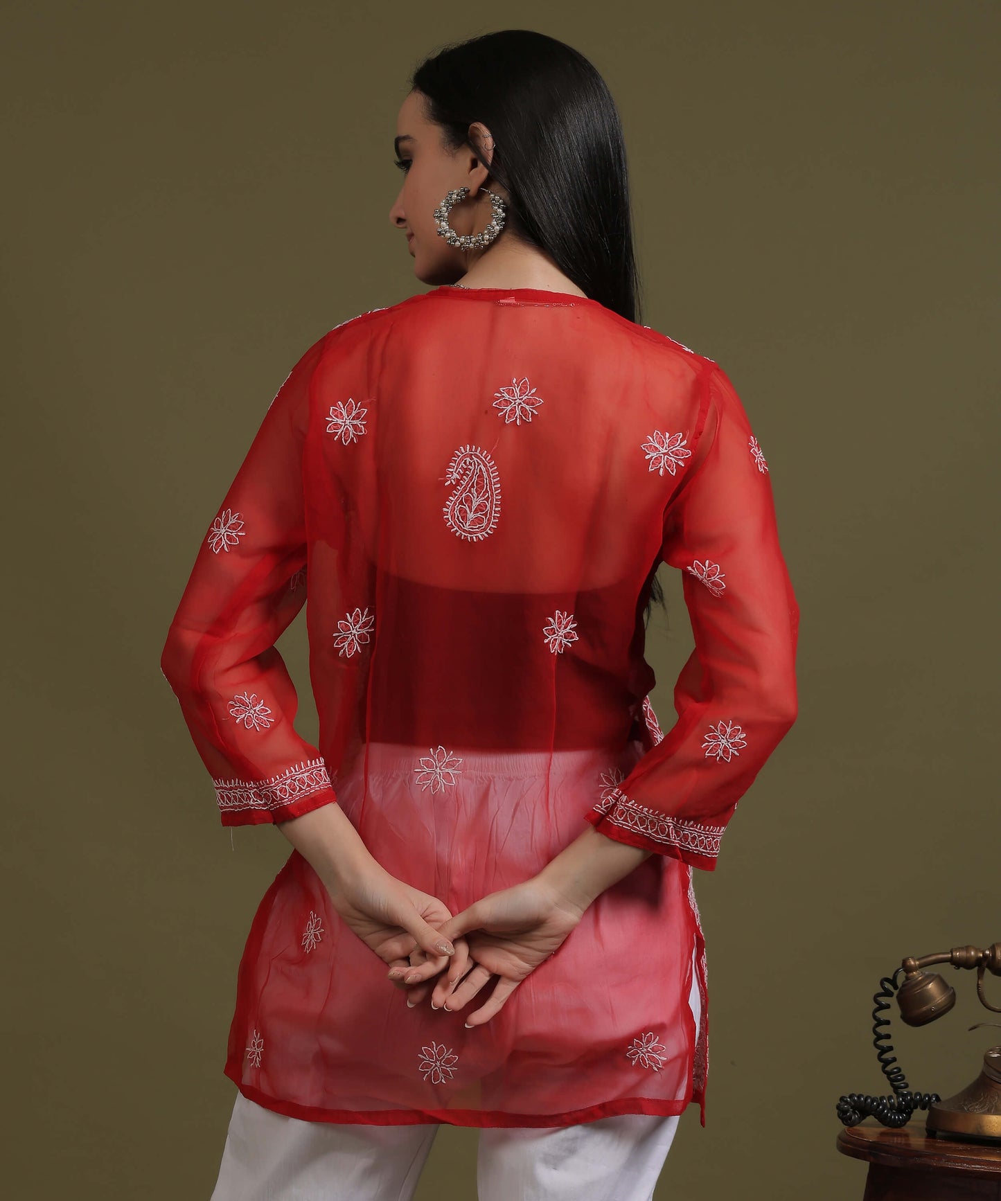 NEA Chikankari Red Georgette Short Kurti With White Embroidery