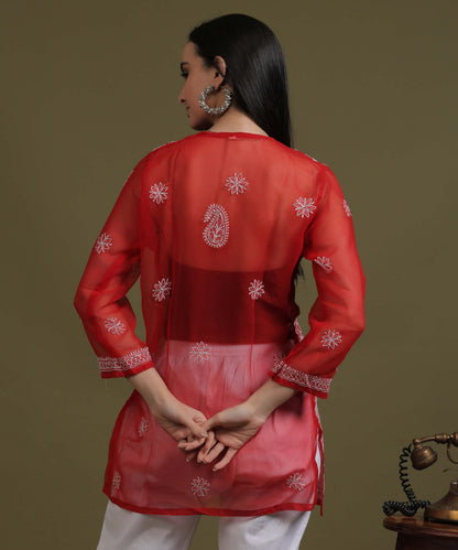 NEA Chikankari Red Georgette Short Kurti With White Embroidery