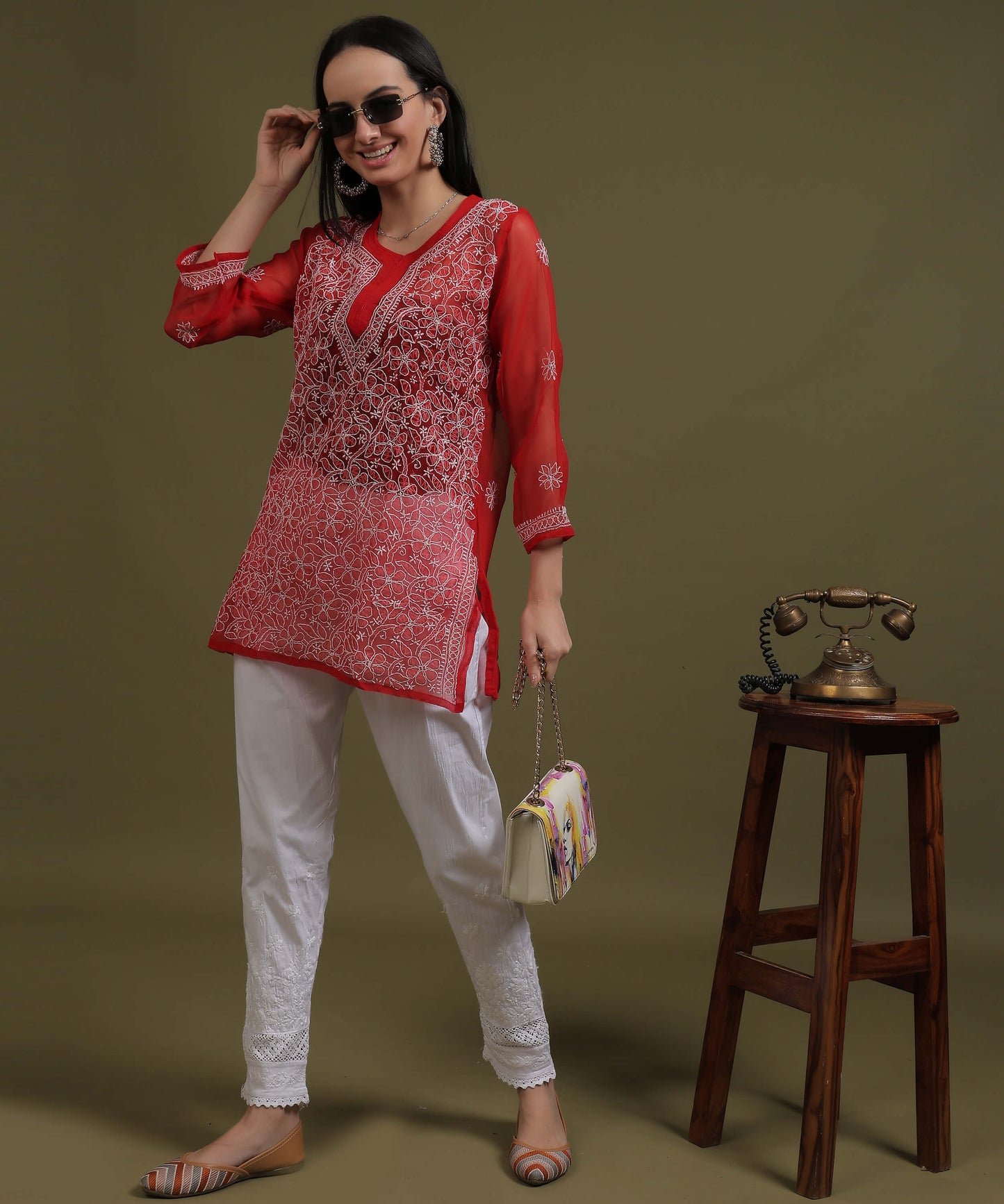 NEA Chikankari Red Georgette Short Kurti With White Embroidery