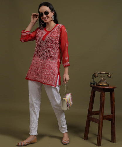 NEA Chikankari Red Georgette Short Kurti With White Embroidery