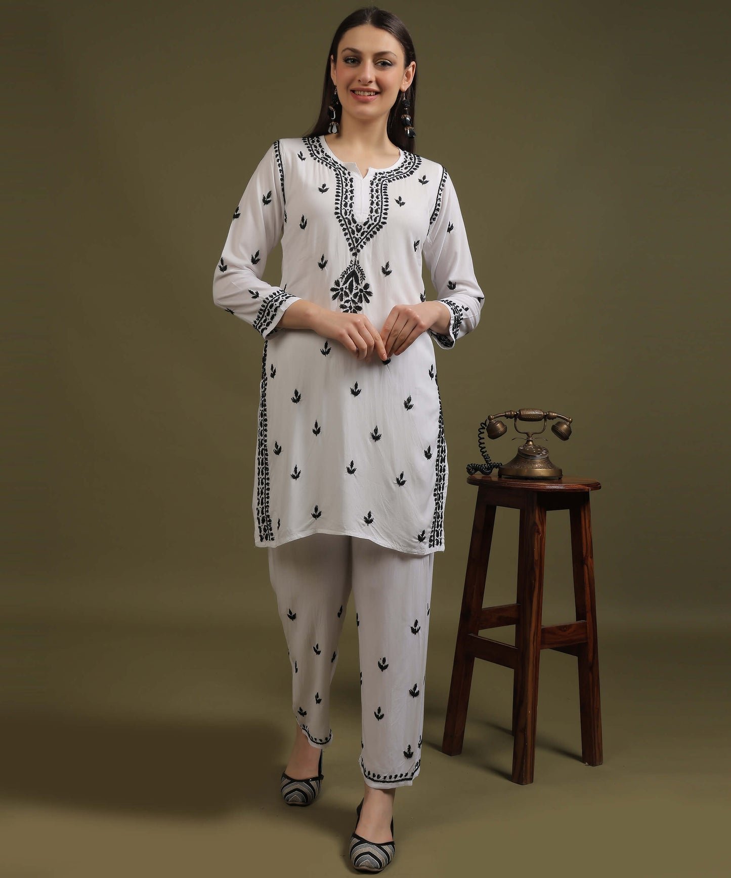 NEA Chikankari White Rayon Co-ord Set With Black Embroidery
