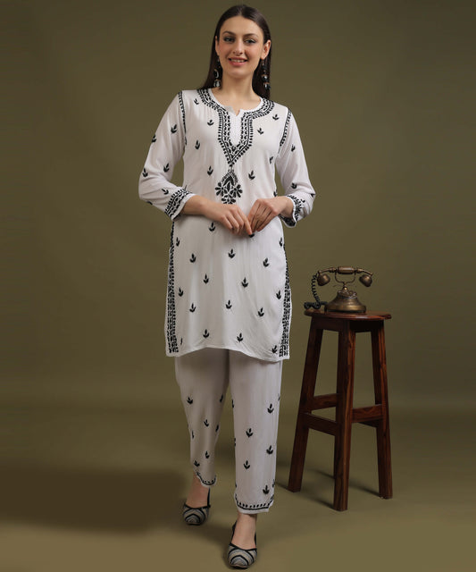 NEA Chikankari White Rayon Co-ord Set With Black Embroidery