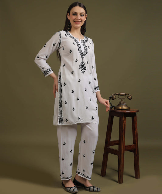 NEA Chikankari White Rayon Co-ord Set With Black Embroidery