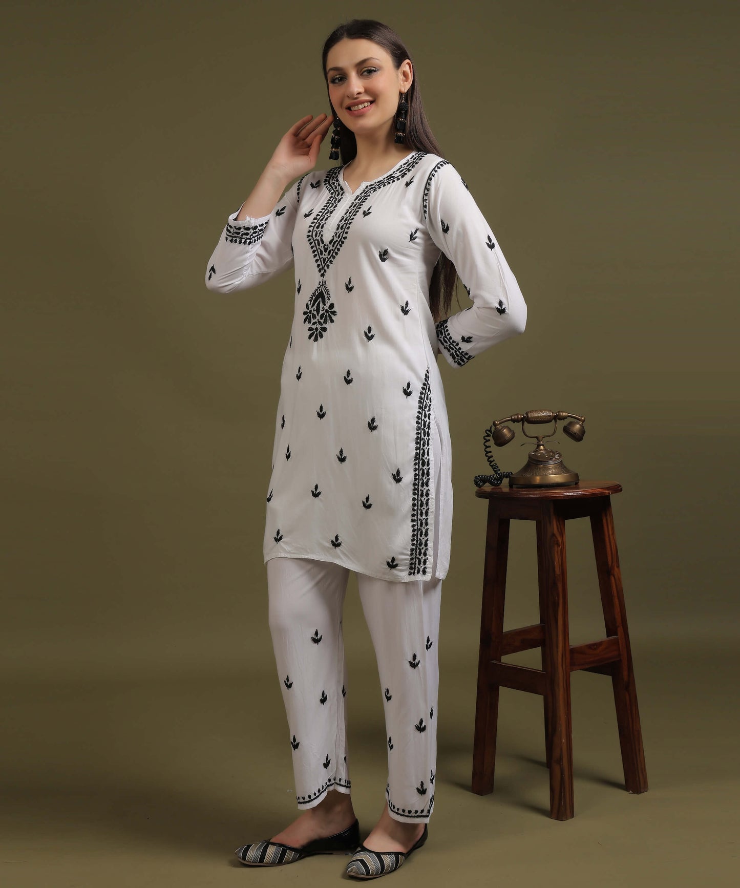 NEA Chikankari White Rayon Co-ord Set With Black Embroidery