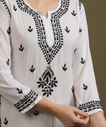 NEA Chikankari White Rayon Co-ord Set With Black Embroidery
