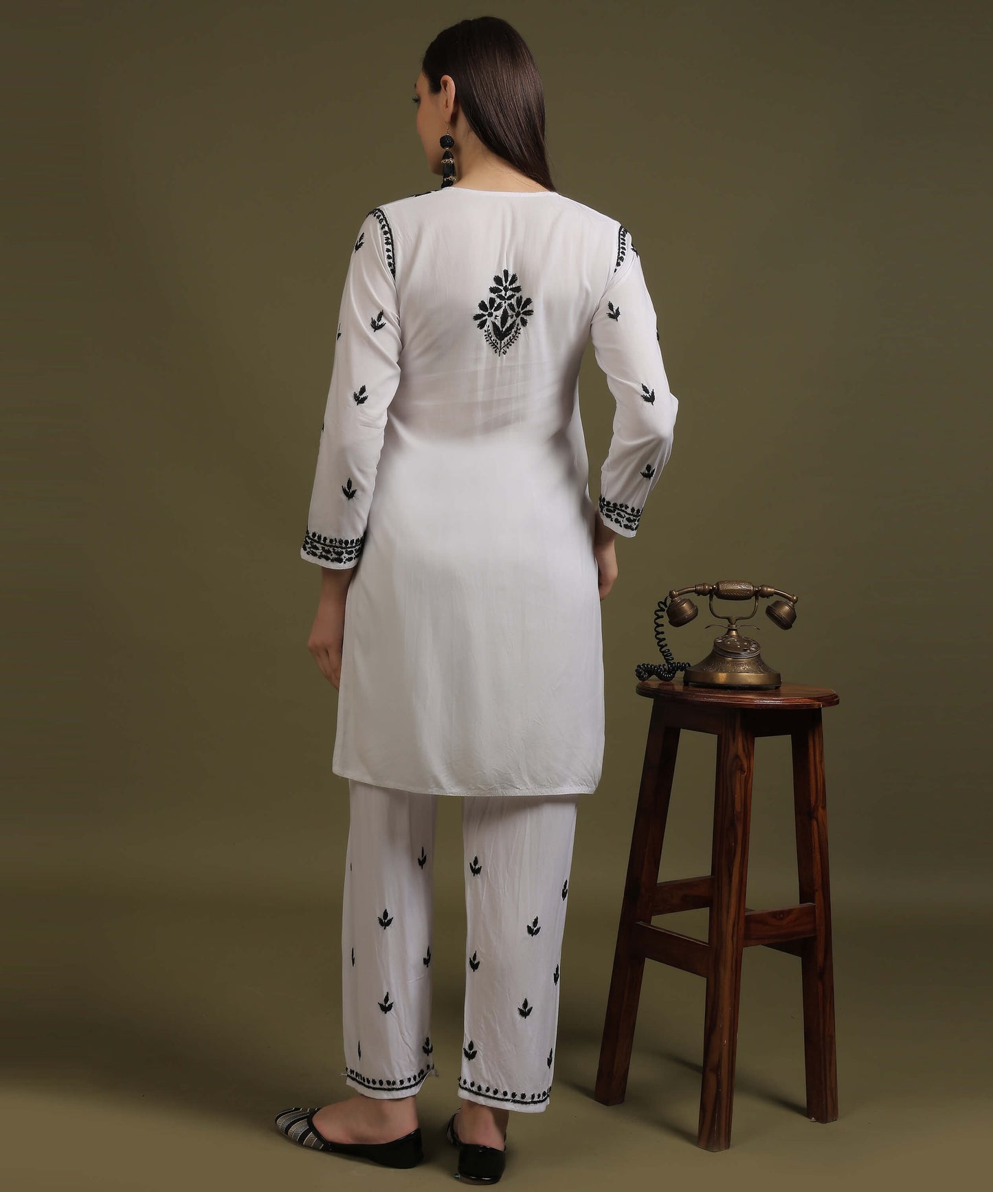NEA Chikankari White Rayon Co-ord Set With Black Embroidery