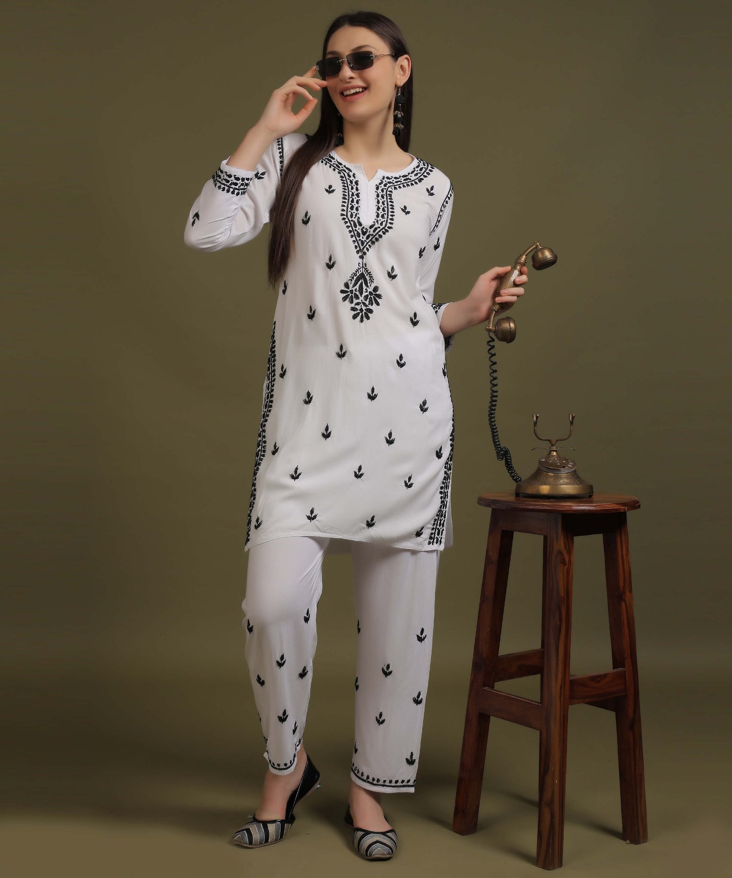 NEA Chikankari White Rayon Co-ord Set With Black Embroidery
