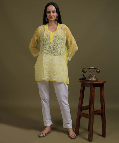 NEA Chikankari Yellow Georgette Short Kurti With White Embroidery