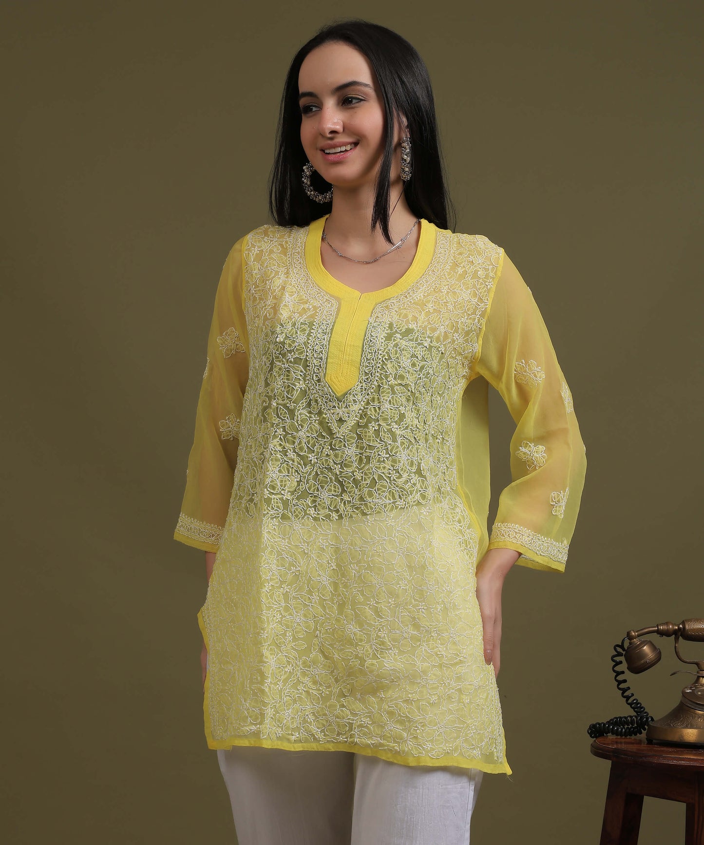 NEA Chikankari Yellow Georgette Short Kurti With White Embroidery