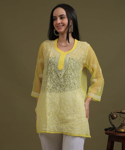 NEA Chikankari Yellow Georgette Short Kurti With White Embroidery