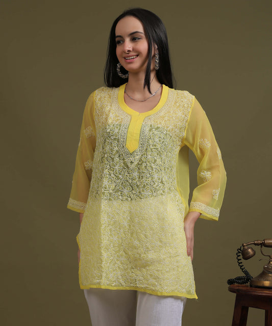 NEA Chikankari Yellow Georgette Short Kurti With White Embroidery