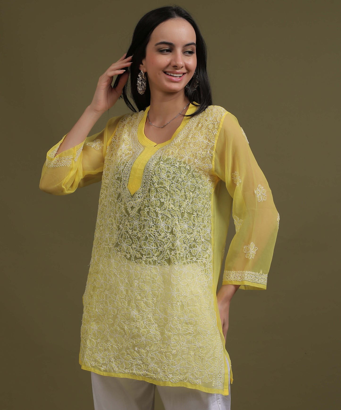 NEA Chikankari Yellow Georgette Short Kurti With White Embroidery