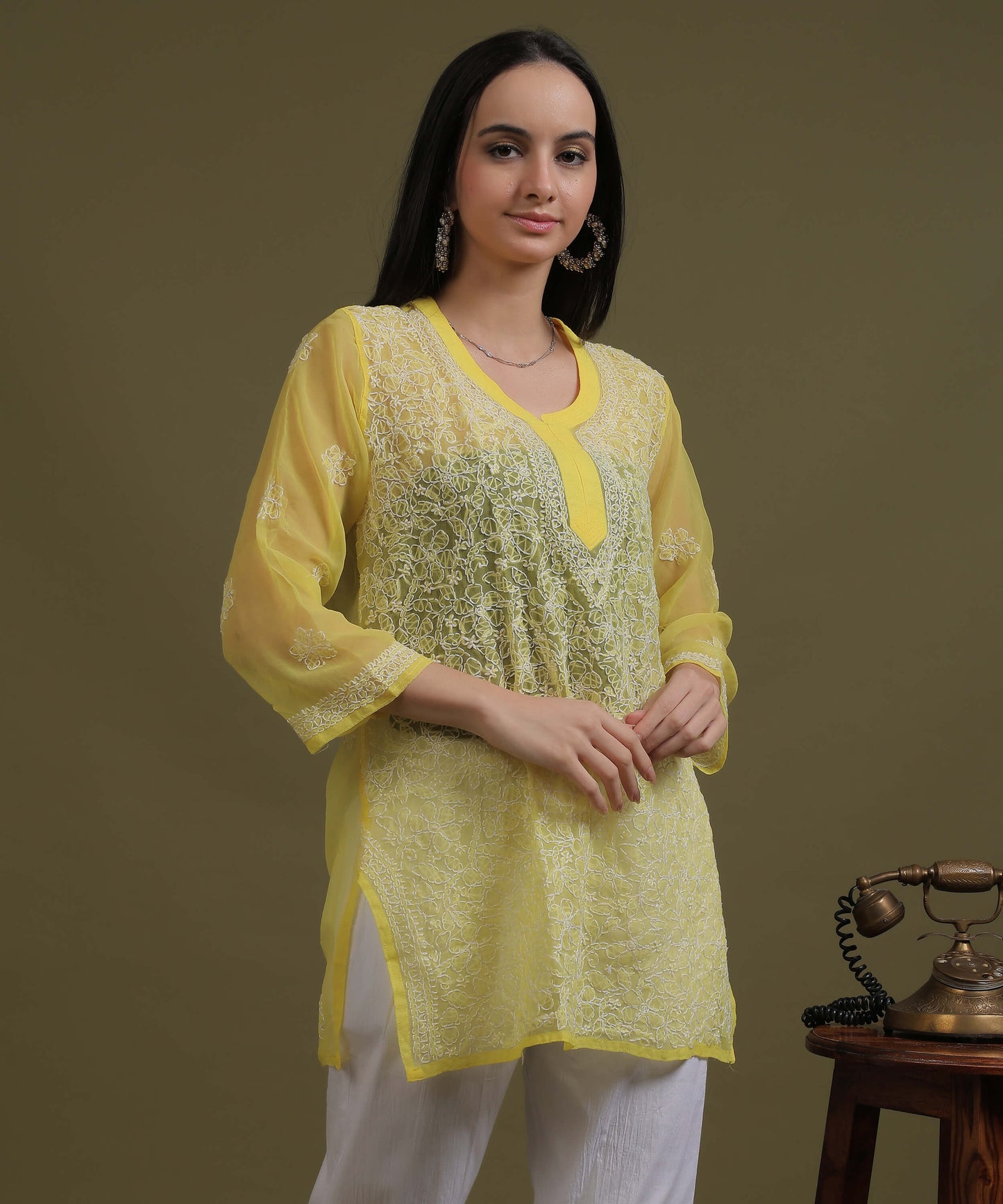 NEA Chikankari Yellow Georgette Short Kurti With White Embroidery