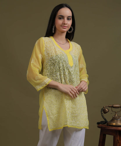 NEA Chikankari Yellow Georgette Short Kurti With White Embroidery